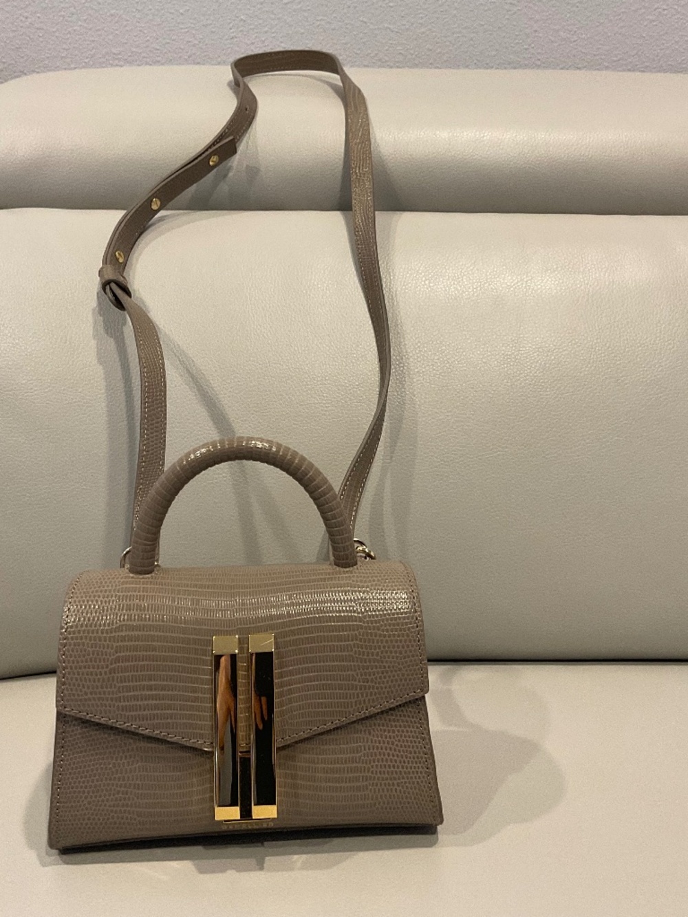 DeMellier Nano Montreal Deep Taupe Lizard Effect Top Handle Crossbody Bag